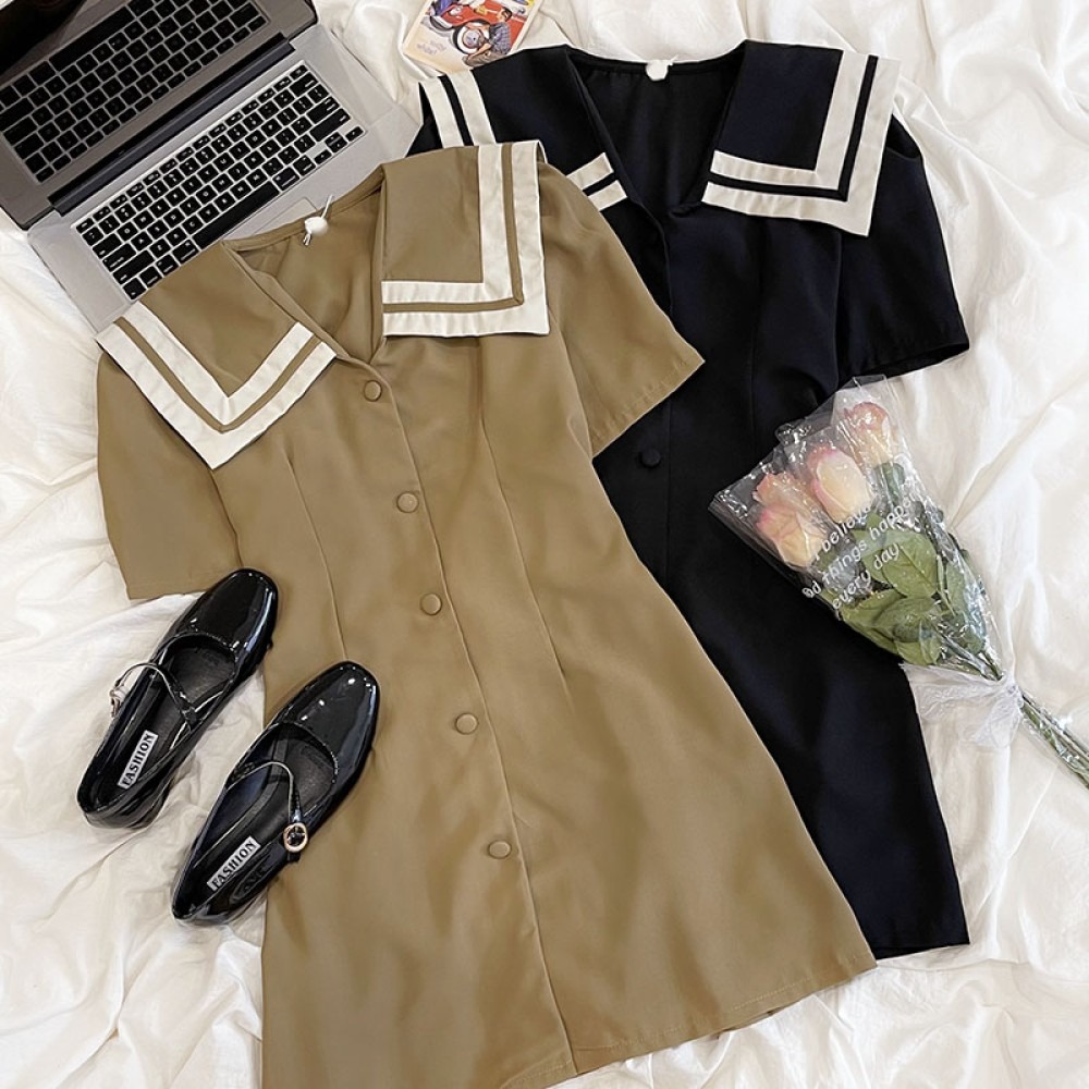 RENA Japanese sweet college style cute contrasting color navy tie waist slimming single-breasted short-sleeved dress