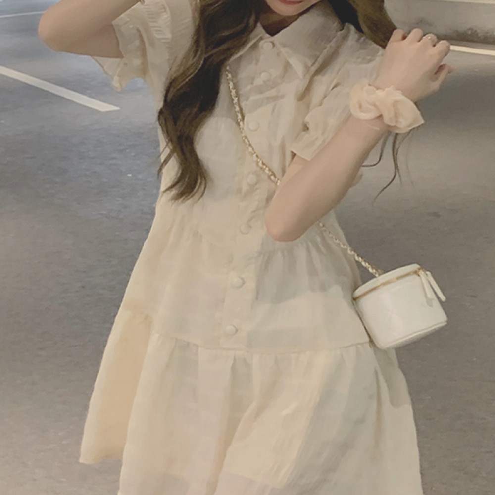 Puff-sleeved French skirt summer polo collar is thin and small shirt a-line short skirt foreign girl dress trendy
