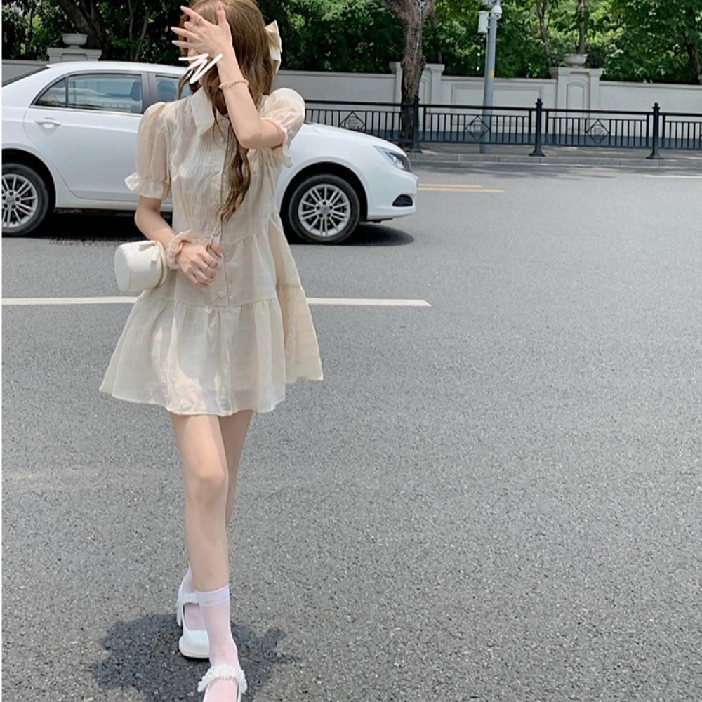 Puff-sleeved French skirt summer polo collar is thin and small shirt a-line short skirt foreign girl dress trendy