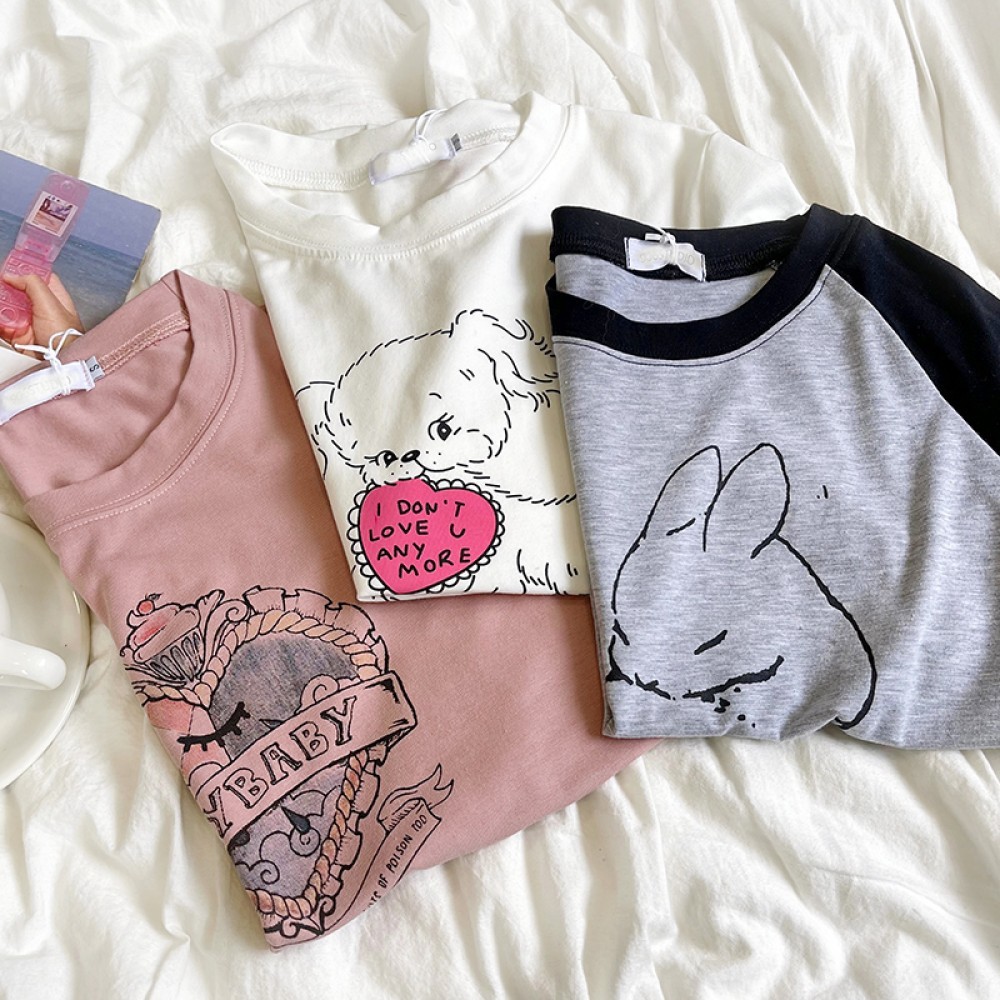 RENA homemade super cute and sexy cartoon printing comfortable stretch cotton slim fit all-match shoulder short-sleeved T-shirt