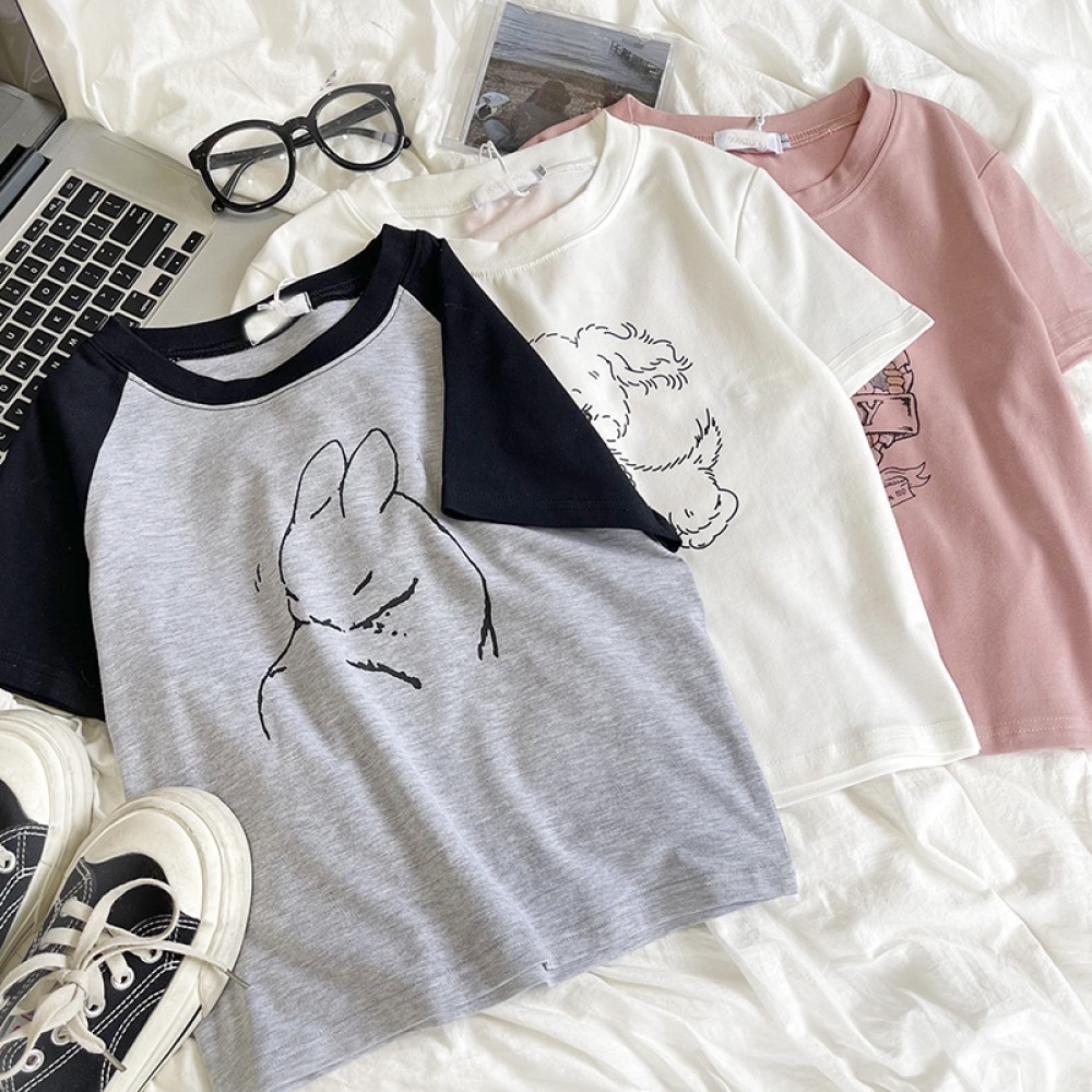 RENA homemade super cute and sexy cartoon printing comfortable stretch cotton slim fit all-match shoulder short-sleeved T-shirt