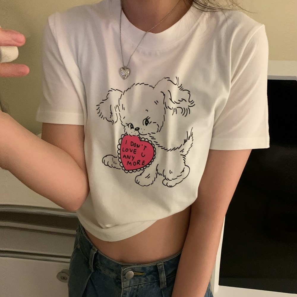 RENA homemade super cute and sexy cartoon printing comfortable stretch cotton slim fit all-match shoulder short-sleeved T-shirt